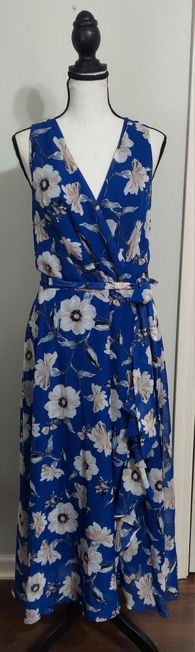 Jessica Howard Missy 14 Blue Floral Chiffon Faux-Wrap Midi Dress Ruffle Tie NWT